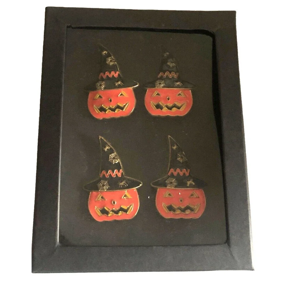 Tahari Home Halloween Napkin Rings Set of 4 Pumpkins with Witch Spider Hat